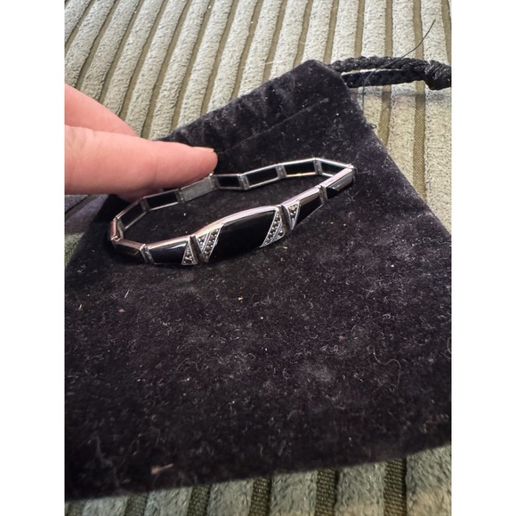 Vintage 935 Art Deco Sterling Silver Black Onyx Marcasite Bracelet - Picture 12 of 14